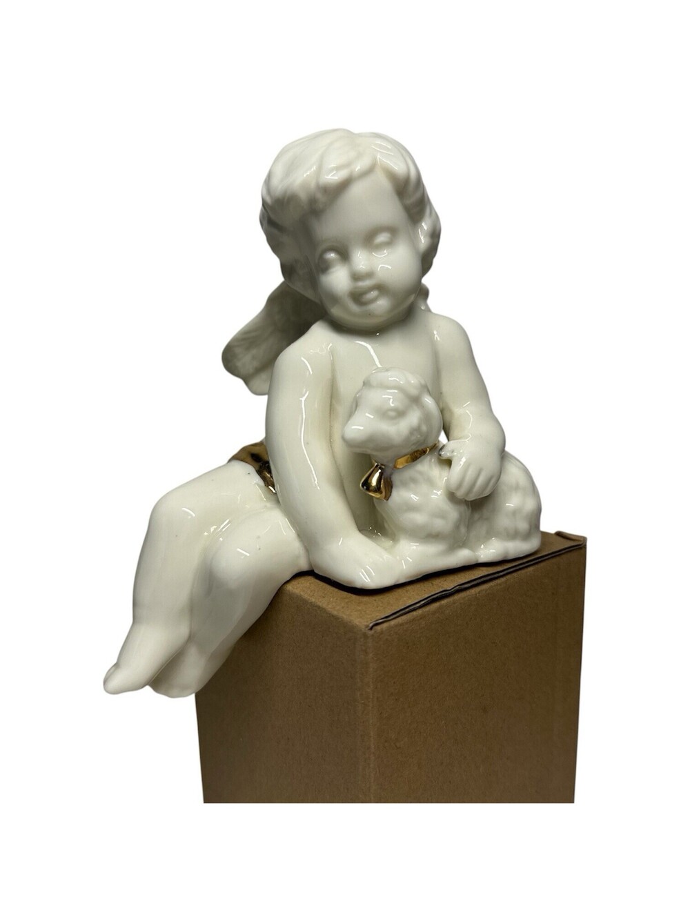 Cream Ceramic Cherub And Lamb Perching Figurine Angelic, Hangs Off Shelf Edge